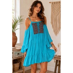 Macbeth Collection Margaret Josephs Blue Cold Shoulder Embroidered‎ Tunic Top M